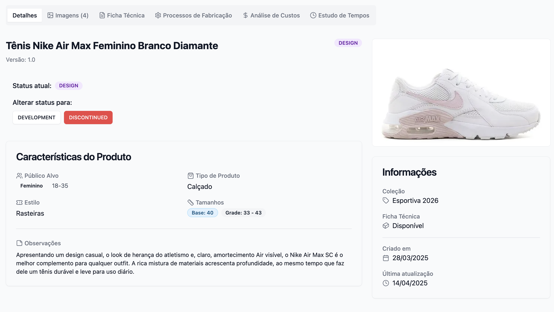 Interface de gestão de modelos